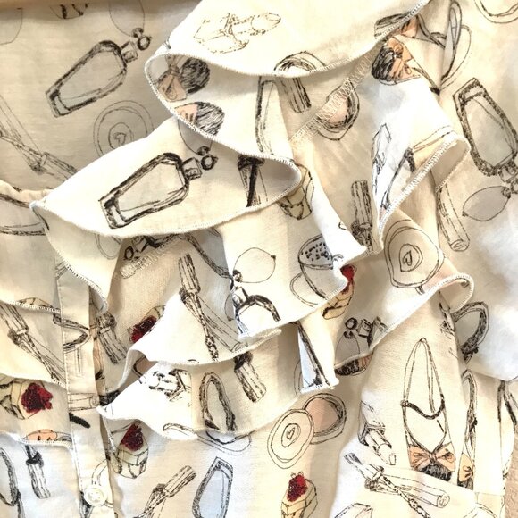 Van Heusen Studio Ruffled Blouse: Vintage Top Women’s Shoe & Coffee Print Size M - Picture 8 of 13